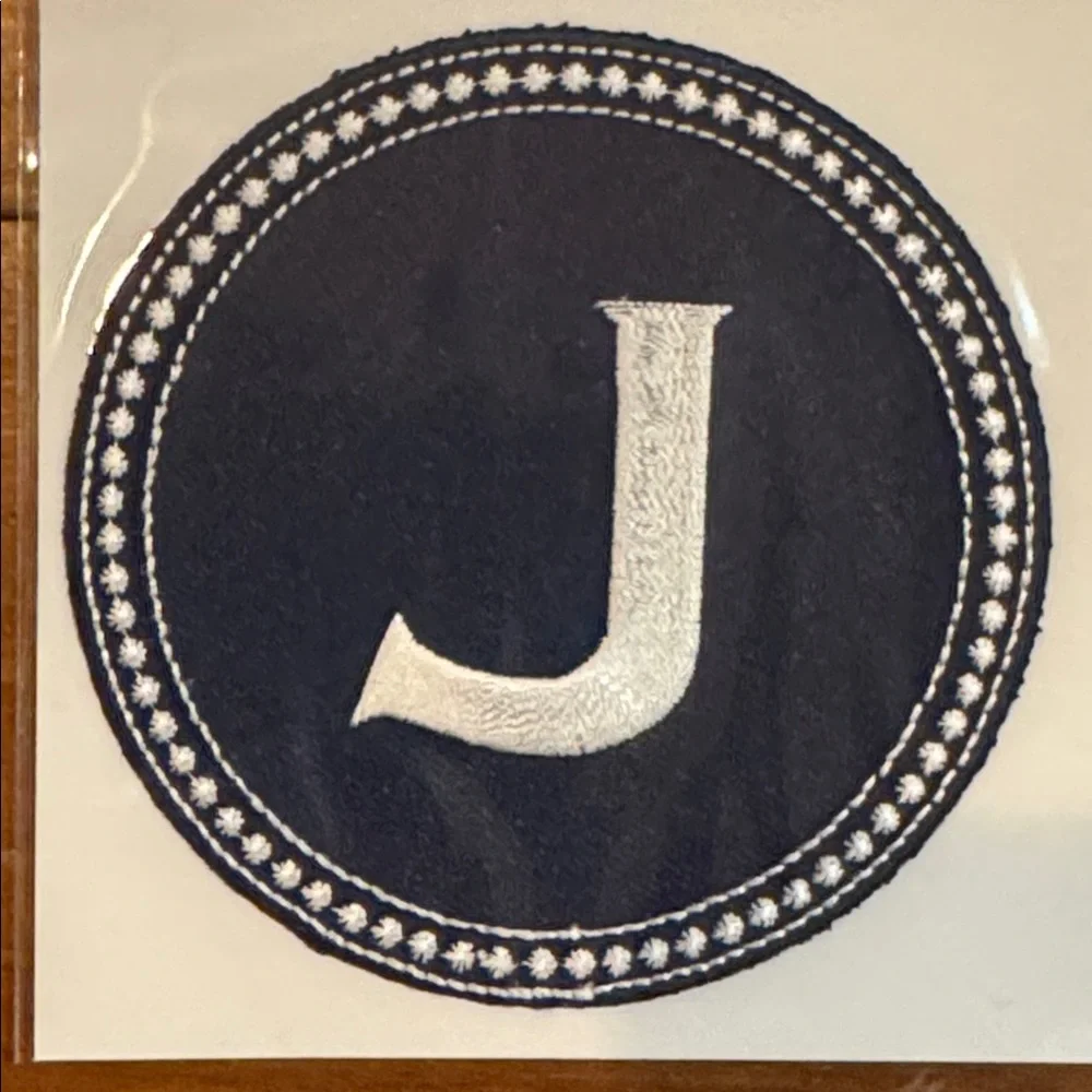 NIP TOSS Designs Peel & Stick Embroidered J Initial Patch Bella Set 2 Blue White